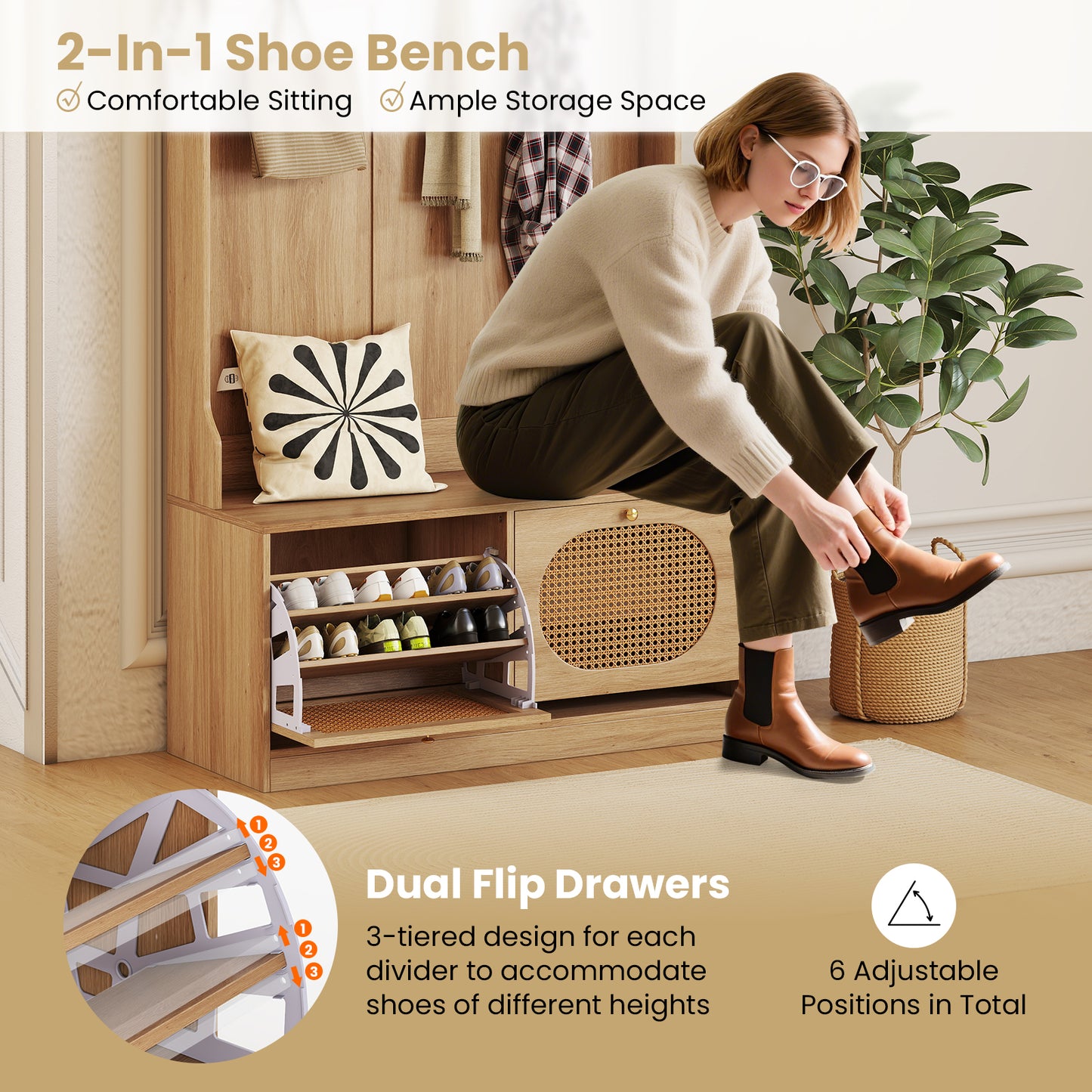 4-In-1 Hall Tree with Coat Rack and Flip Drawers for Entryway Mudroom-Natural