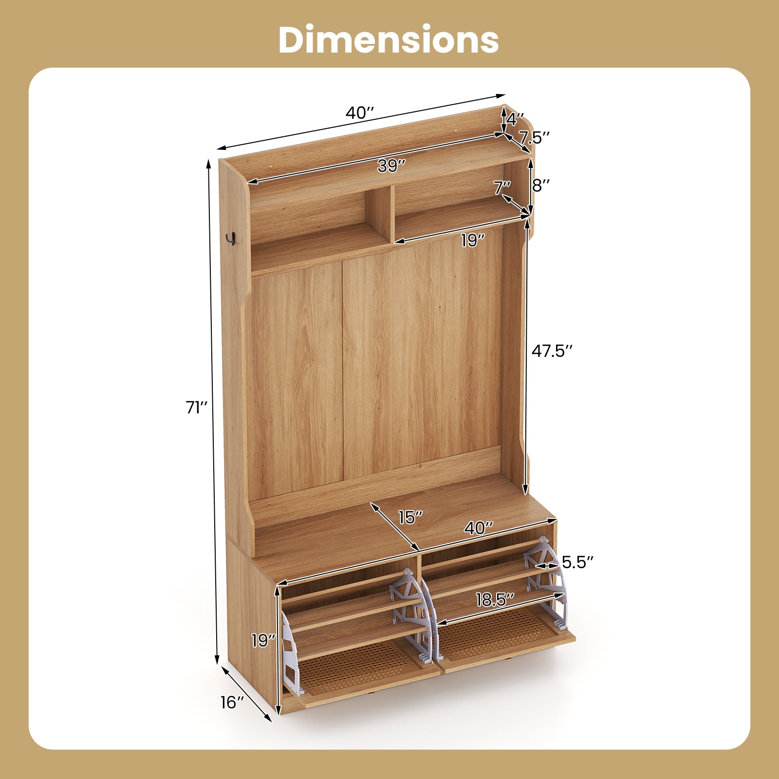 4-In-1 Hall Tree with Coat Rack and Flip Drawers for Entryway Mudroom-Natural