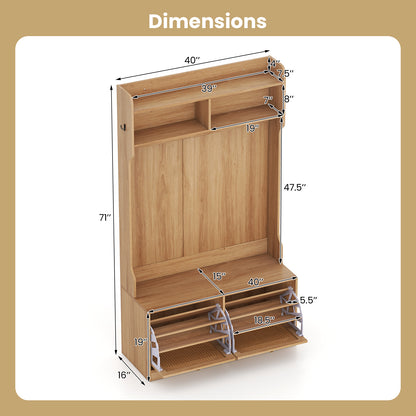 4-In-1 Hall Tree with Coat Rack and Flip Drawers for Entryway Mudroom-Natural