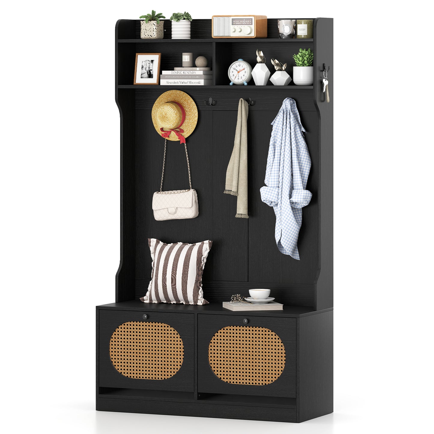 4-In-1 Hall Tree with Coat Rack and Flip Drawers for Entryway Mudroom-Black