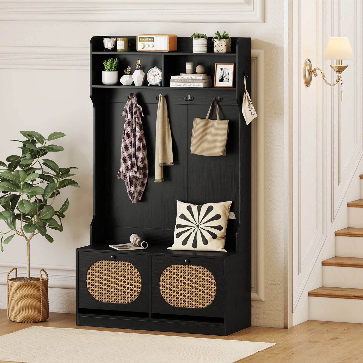 4-In-1 Hall Tree with Coat Rack and Flip Drawers for Entryway Mudroom-Black
