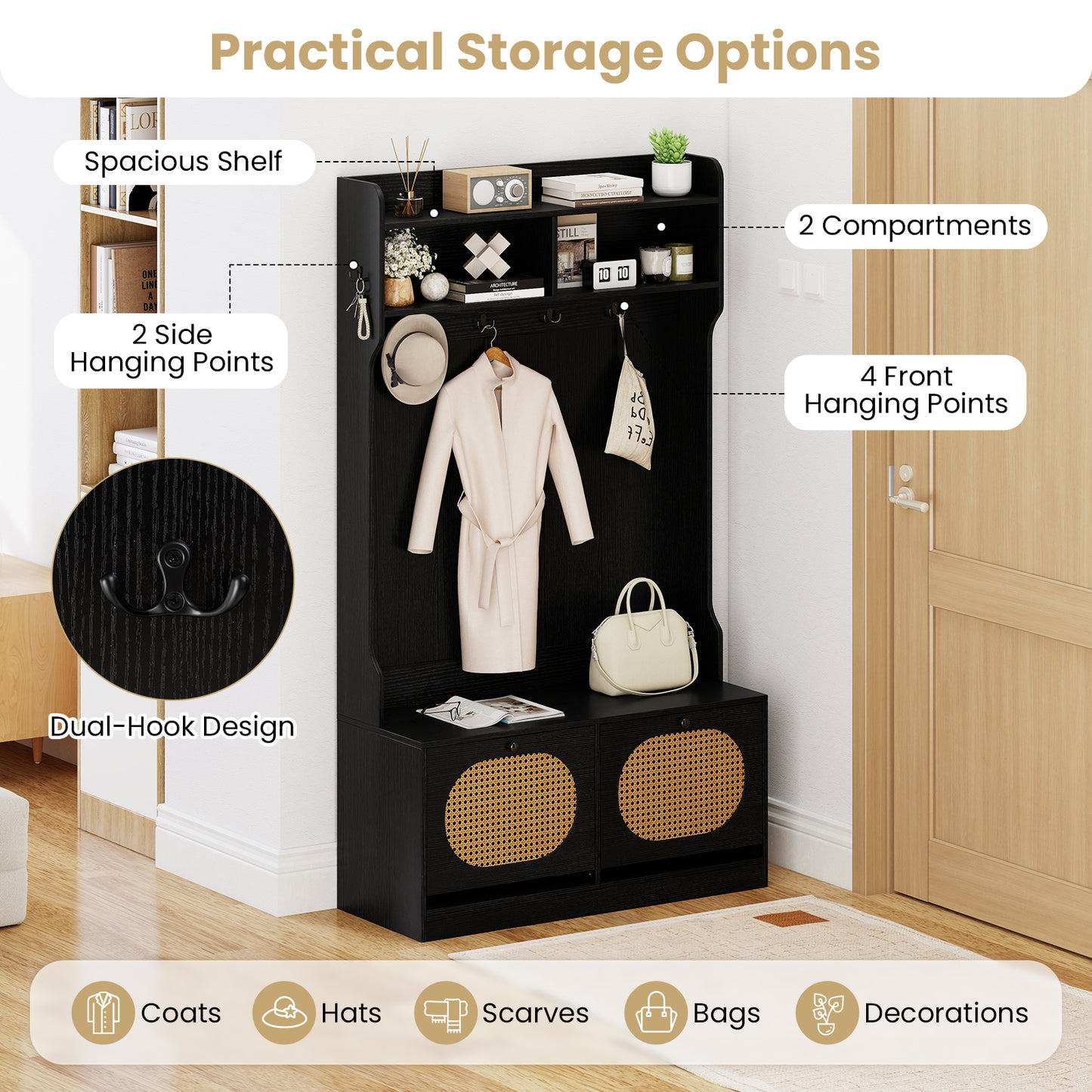 4-In-1 Hall Tree with Coat Rack and Flip Drawers for Entryway Mudroom-Black