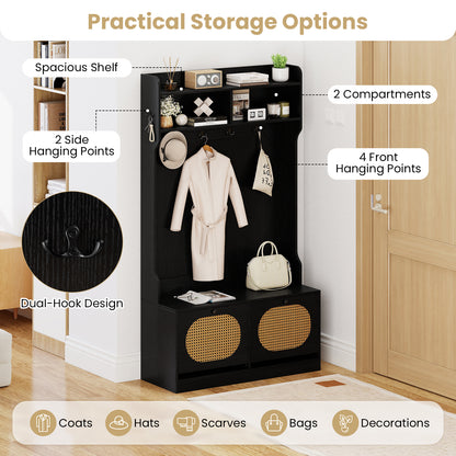4-In-1 Hall Tree with Coat Rack and Flip Drawers for Entryway Mudroom-Black