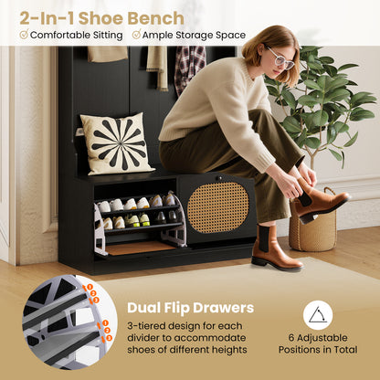 4-In-1 Hall Tree with Coat Rack and Flip Drawers for Entryway Mudroom-Black