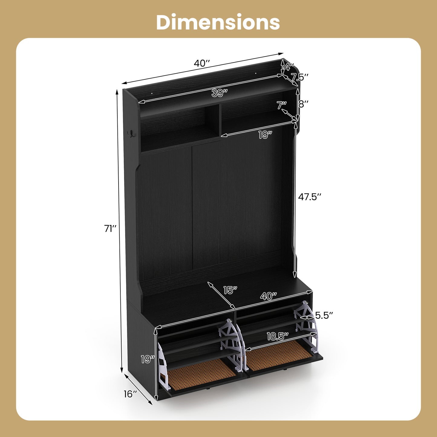 4-In-1 Hall Tree with Coat Rack and Flip Drawers for Entryway Mudroom-Black