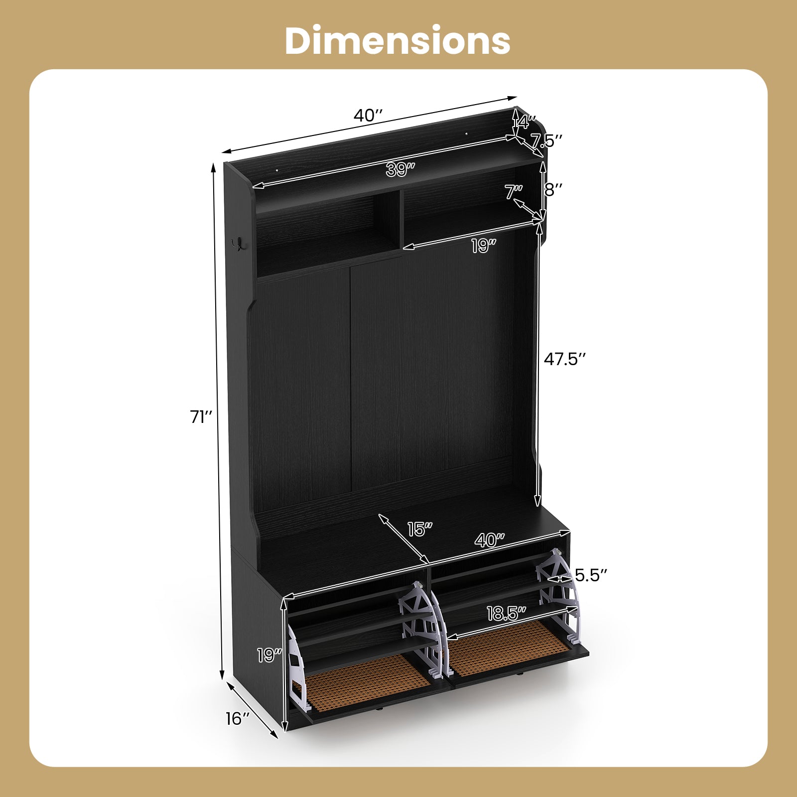 4-In-1 Hall Tree with Coat Rack and Flip Drawers for Entryway Mudroom-Black