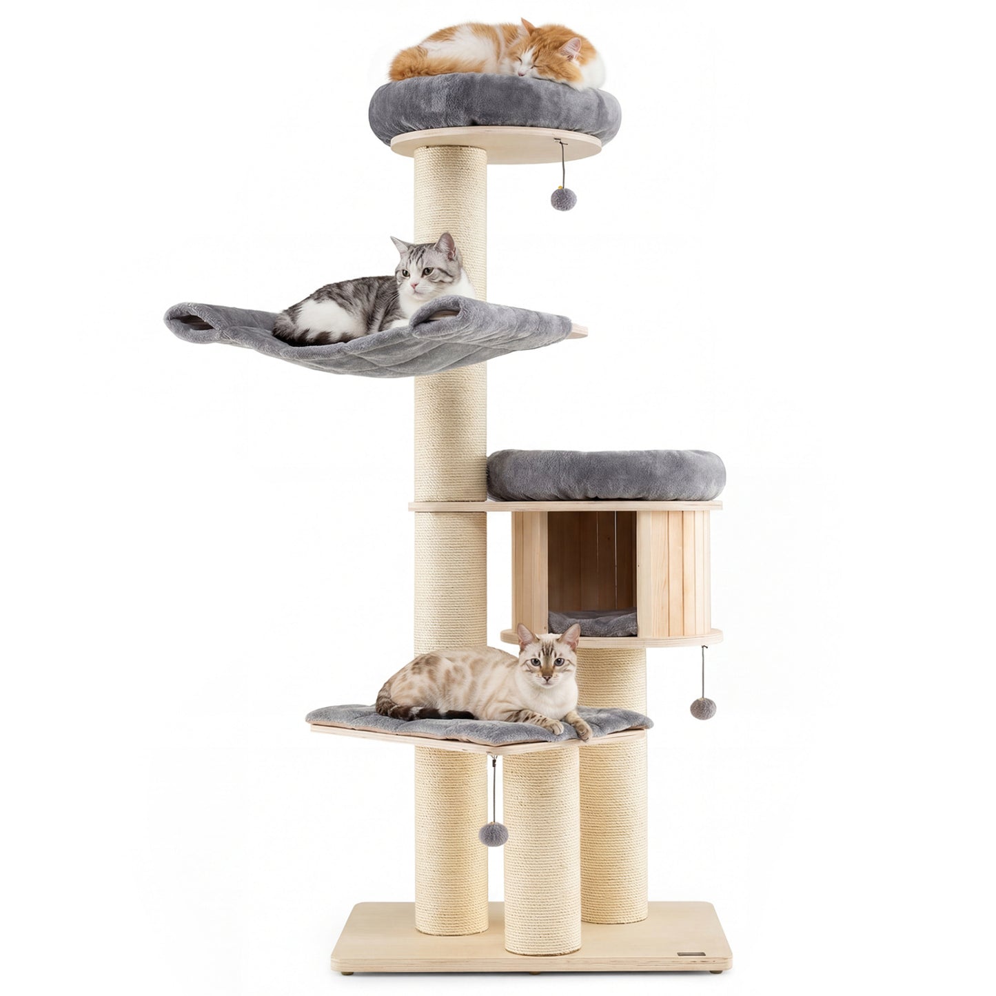 4-Layer 68.5-Inch Wooden Cat Tree Condo Activity Tower with Sisal Posts-Natural - Gray
