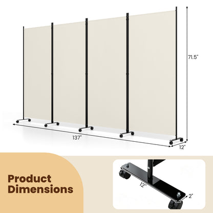 4-Panel Folding Room Divider with Wheels - 71.5" Tall