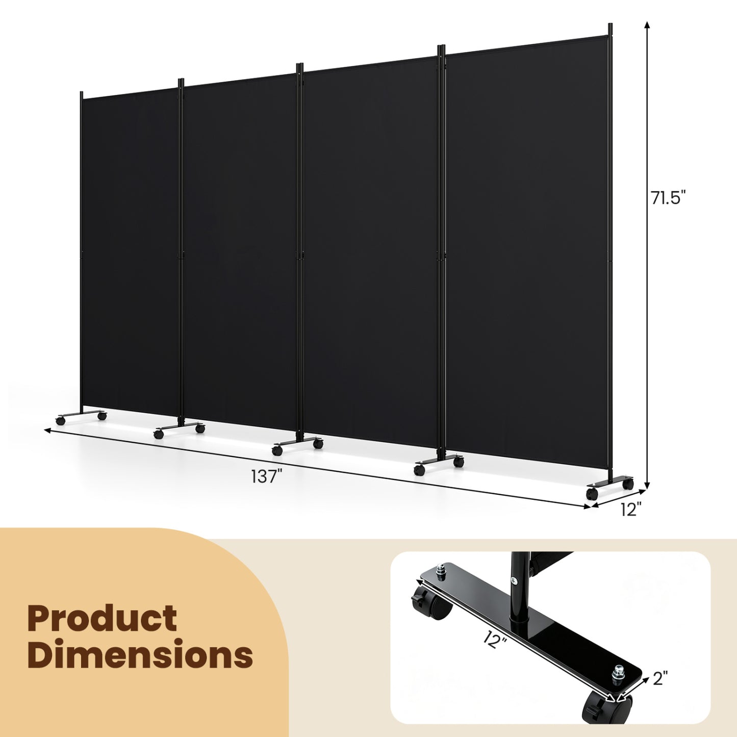 4-Panel Folding Room Divider with Wheels - 71.5" Tall