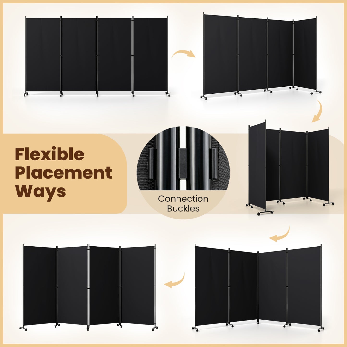4-Panel Folding Room Divider with Wheels - 71.5" Tall