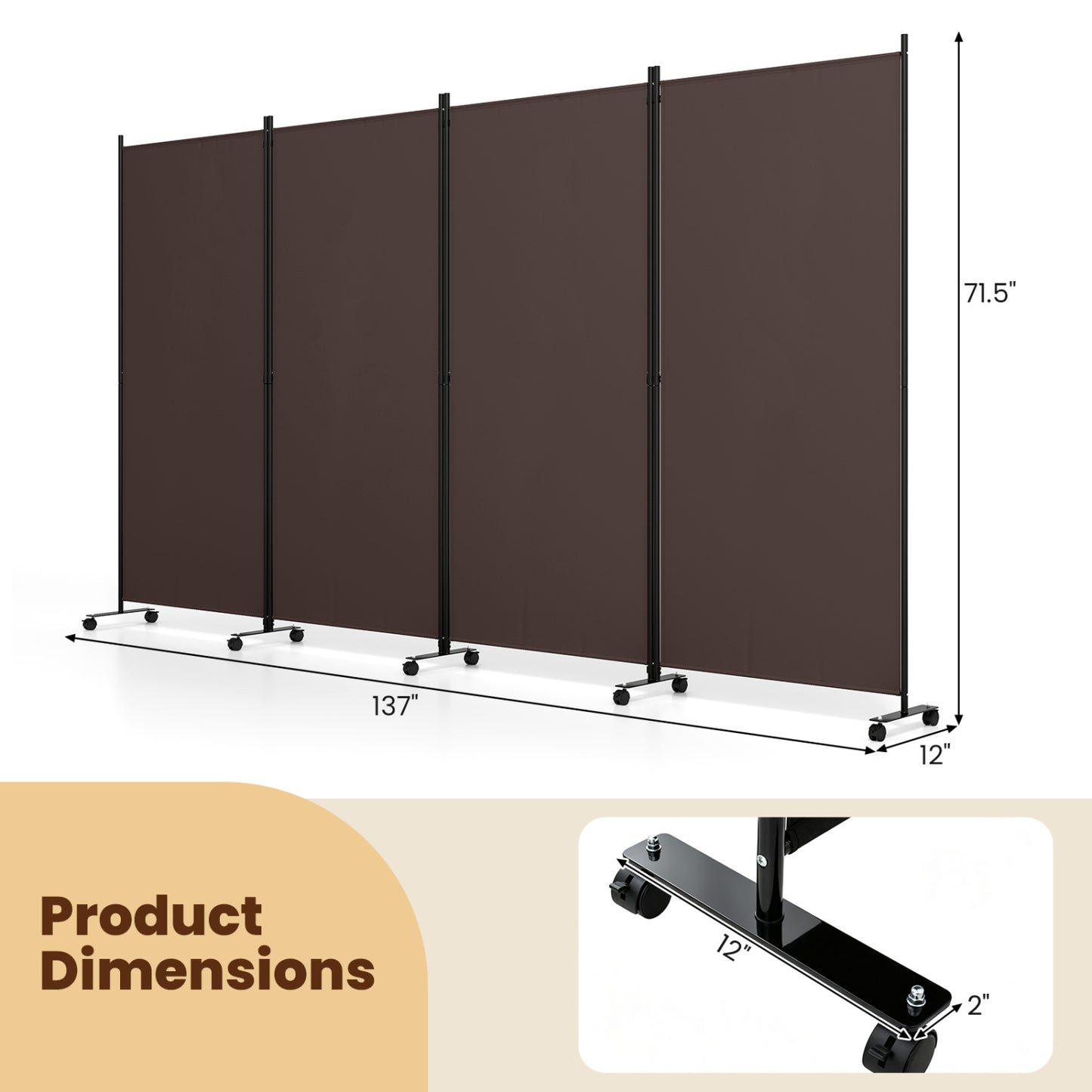 4-Panel Folding Room Divider with Wheels - 71.5" Tall