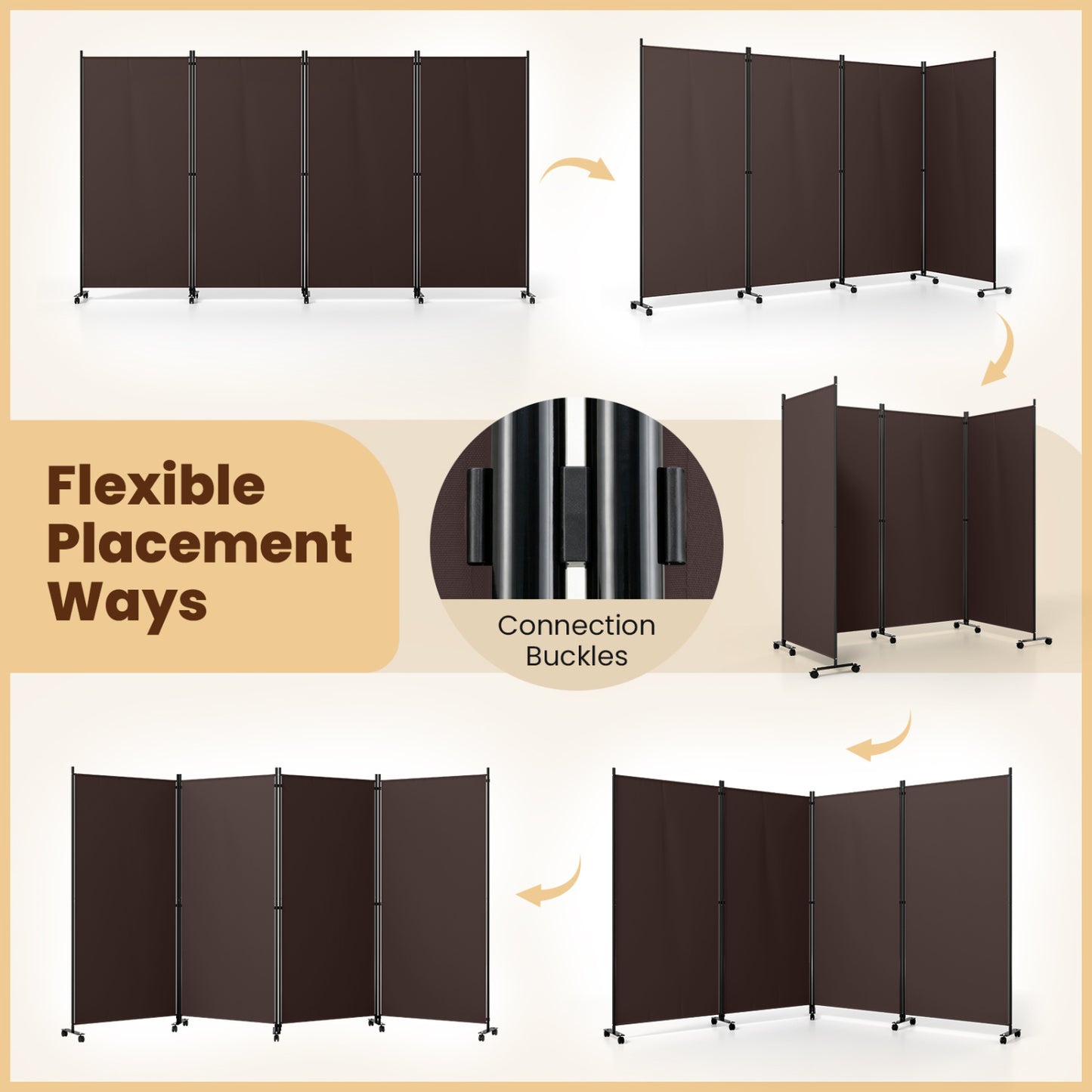 4-Panel Folding Room Divider with Wheels - 71.5" Tall