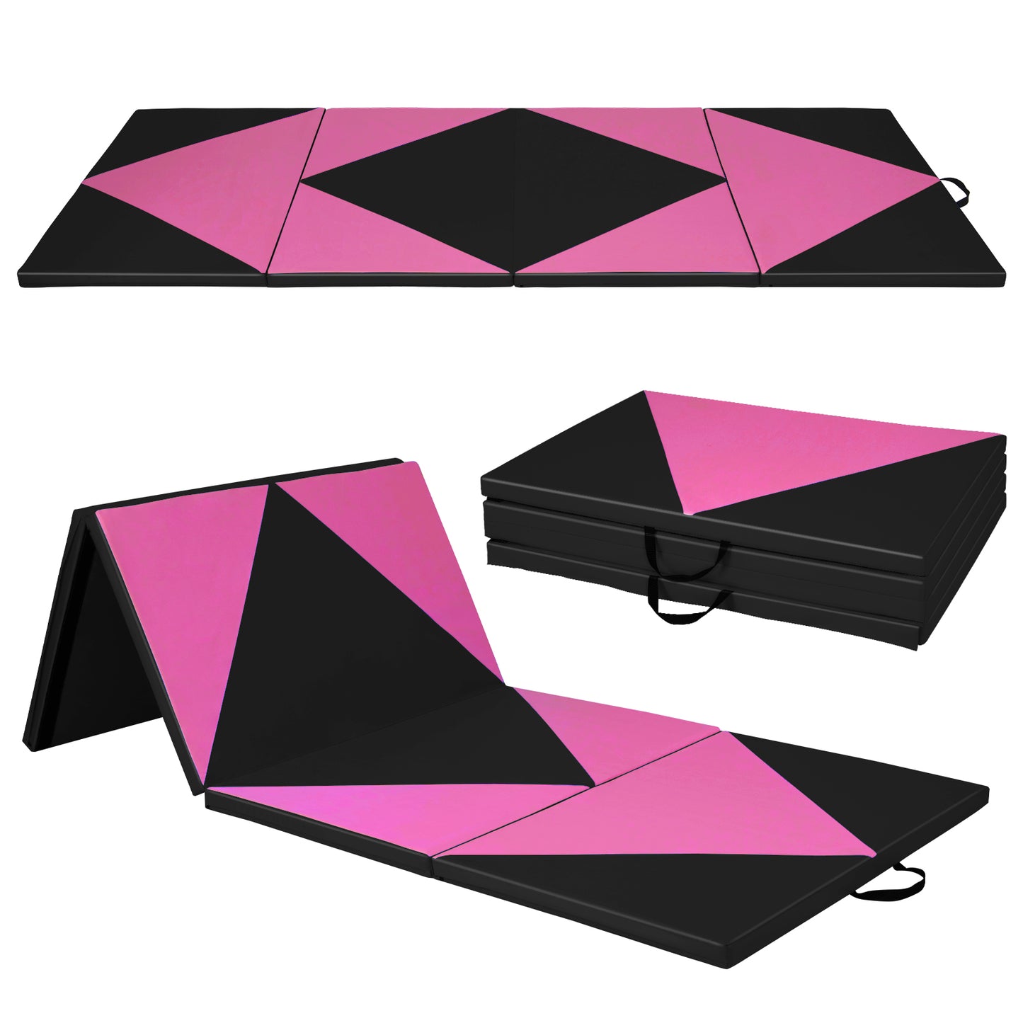 4-Panel PU Leather Folding Exercise Gym Mat with Hook and Loop Fasteners-Black & Turquoise - Black & Pink