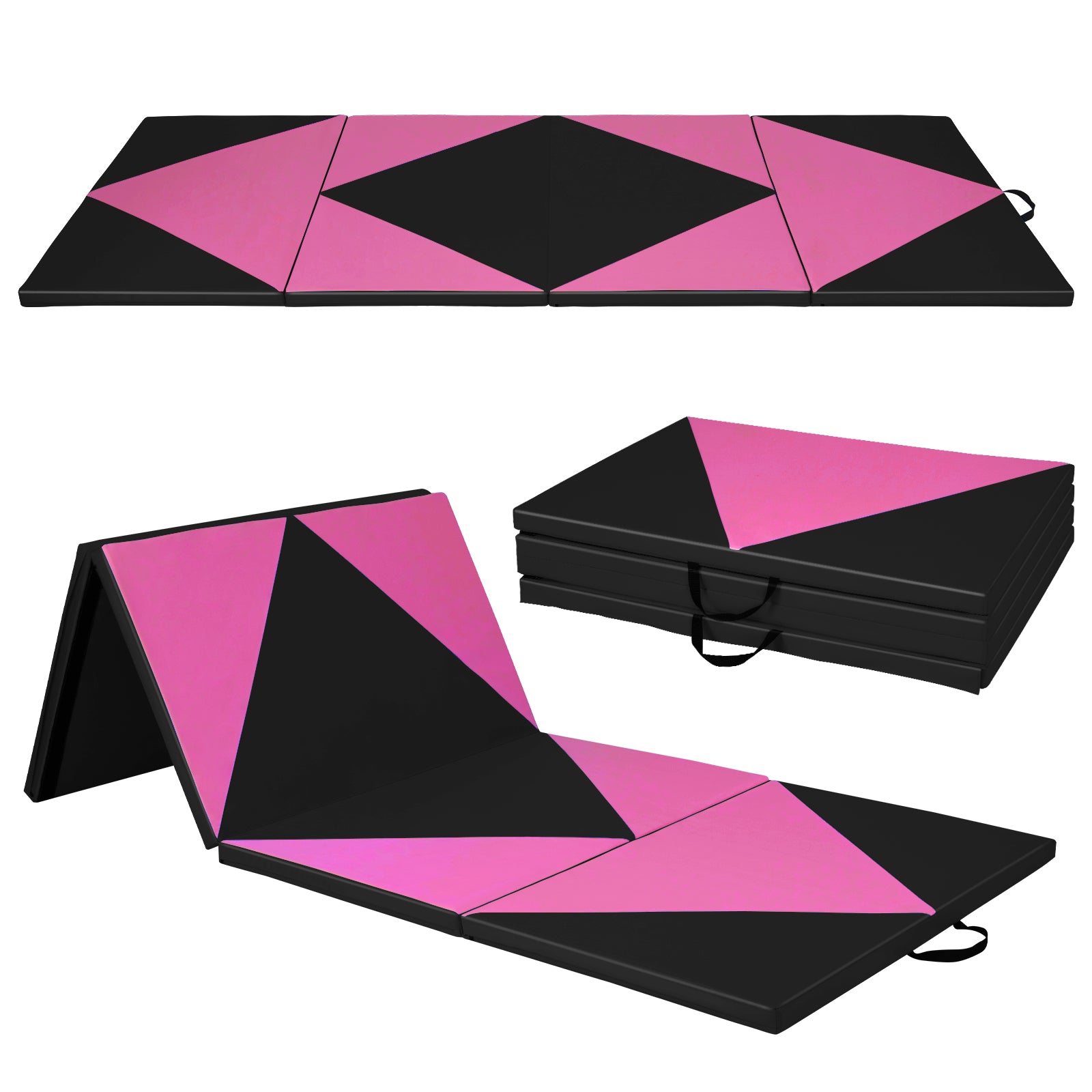 4-Panel PU Leather Folding Exercise Gym Mat with Hook and Loop Fasteners-Black & Turquoise - Black & Pink