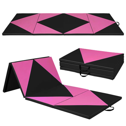 4-Panel PU Leather Folding Exercise Gym Mat with Hook and Loop Fasteners-Black & Turquoise - Black & Pink
