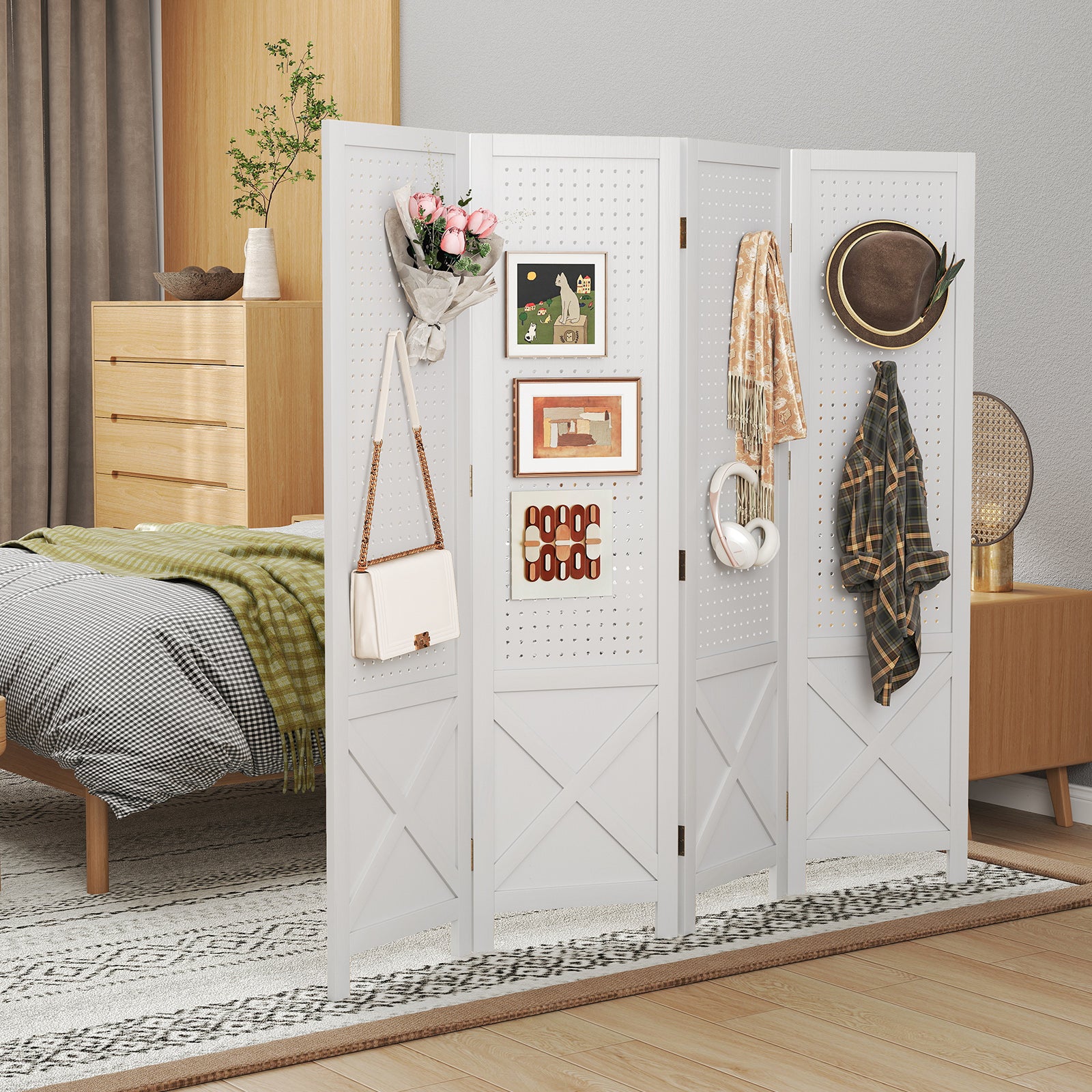 4-Panel Pegboard Display Stand Folding Room Divider with Solid Wood Frame-White