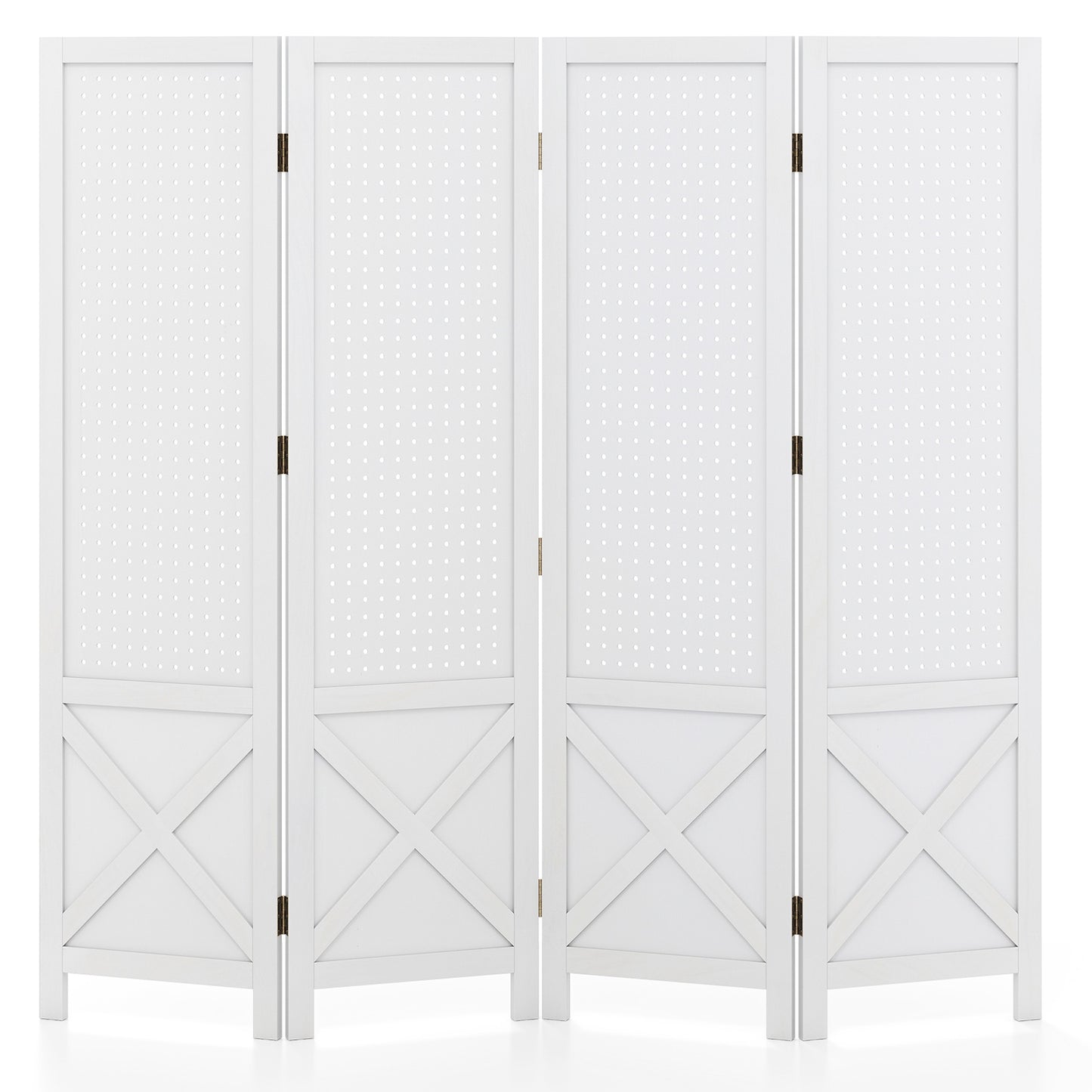 4-Panel Pegboard Display Stand Folding Room Divider with Solid Wood Frame-White
