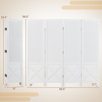 4-Panel Pegboard Display Stand Folding Room Divider with Solid Wood Frame-White