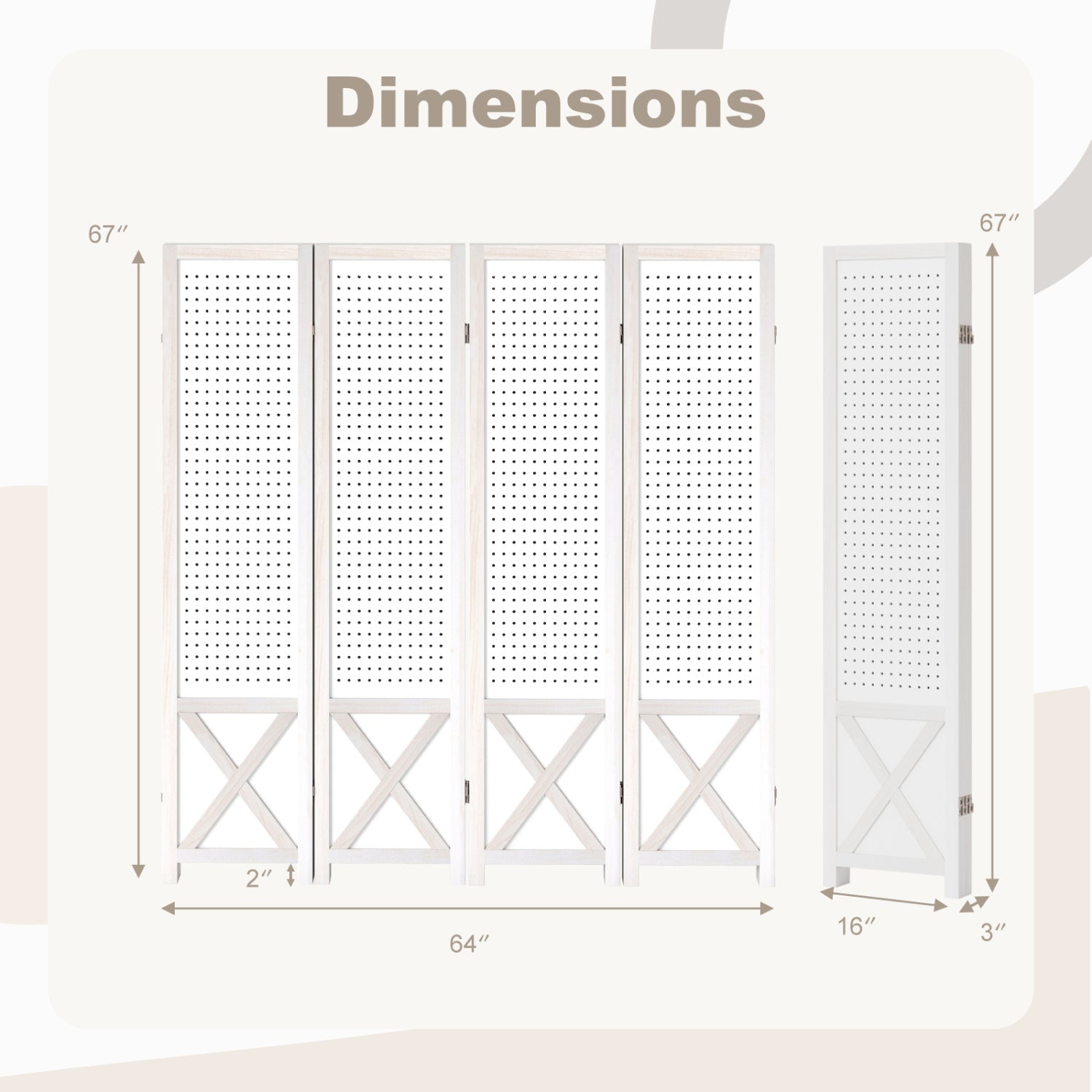 6-Panel Pegboard Room Divider 67 Inches Tall Foldable Privacy Screen
