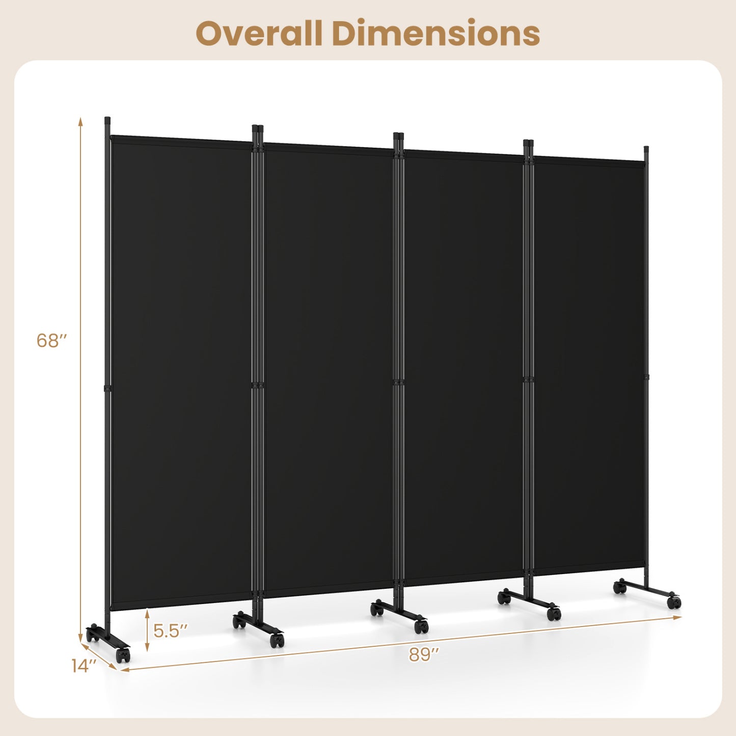 4-Panel Room Divider with Lockable Wheels - 87" x 68"