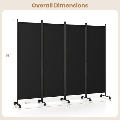 4-Panel Room Divider with Lockable Wheels - 87" x 68"