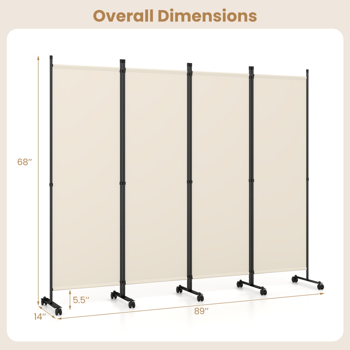 4-Panel Room Divider with Lockable Wheels - 87" x 68"