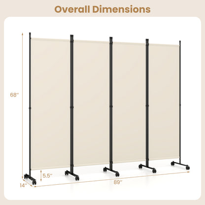 4-Panel Room Divider with Lockable Wheels - 87" x 68"