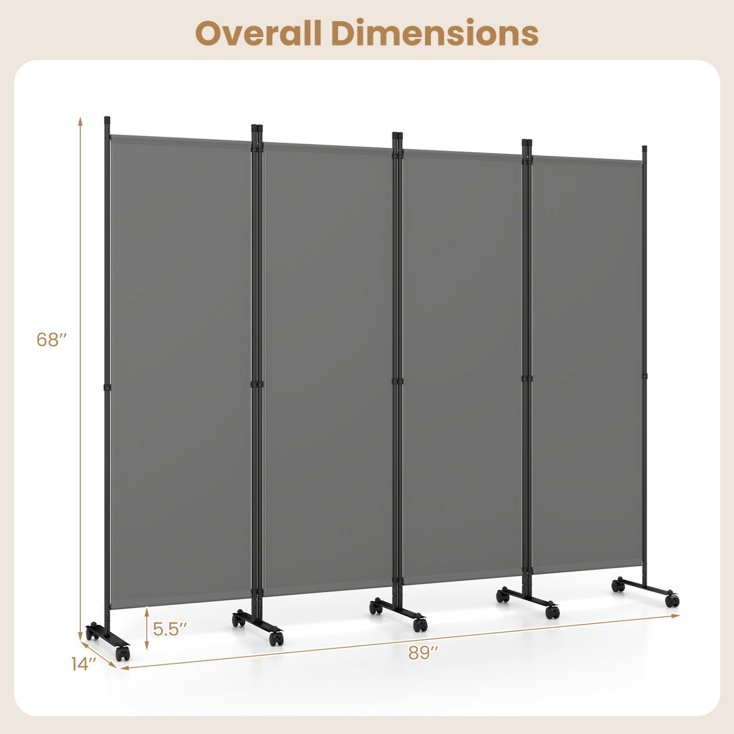 4-Panel Room Divider with Lockable Wheels - 87" x 68"
