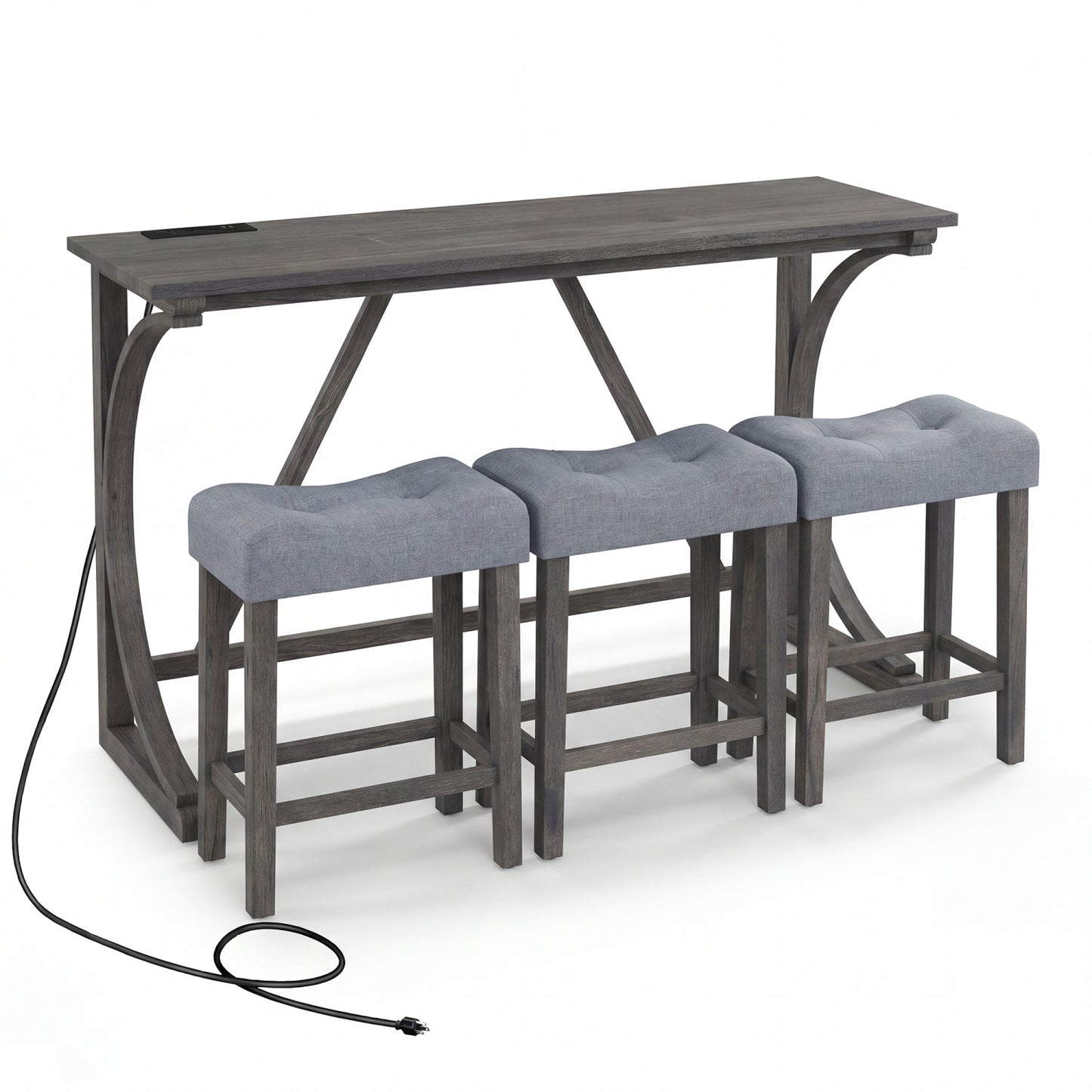 4-Piece Bar Table Set with Power Outlet & Upholstered Stools