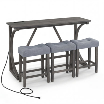 4-Piece Bar Table Set with Power Outlet & Upholstered Stools