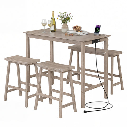 4-Piece Counter Height Dining Table Set with Power Outlet Solid Rubber Wood Kitchen Table