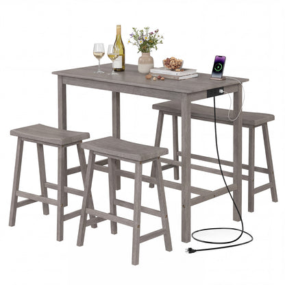 4-Piece Counter Height Dining Table Set with Power Outlet Solid Rubber Wood Kitchen Table