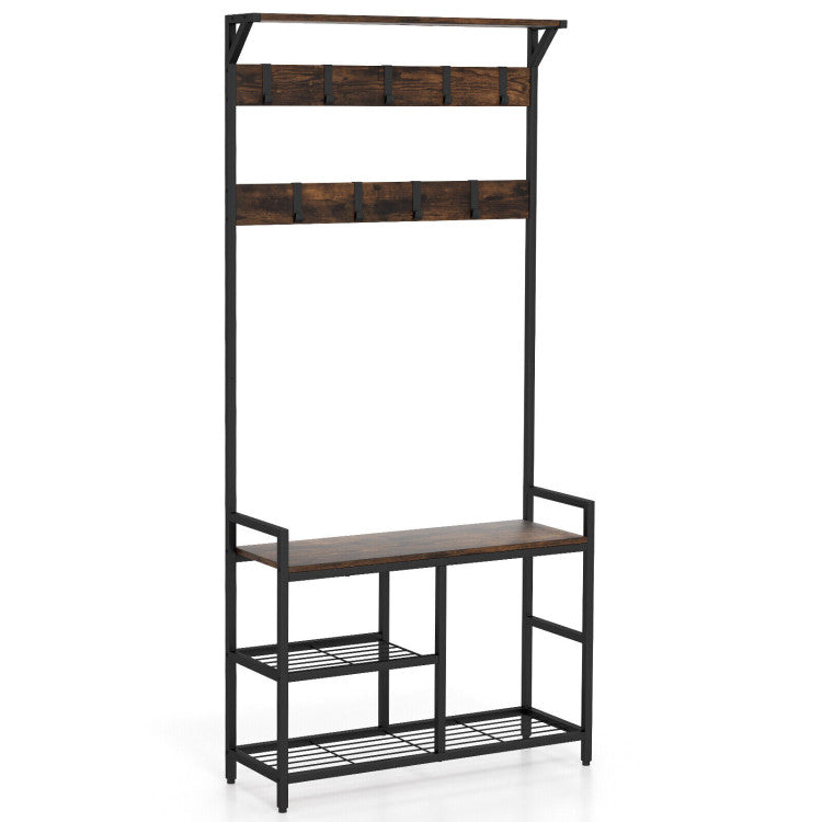 4-Piece Industrial Living Room Set: Fireplace TV Stand + 3-Tier Industrial Style Coffee Table + 71 Inch Freestanding Hall Tree + Adjustable C-shape Sofa Side Table