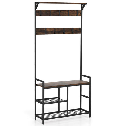 4-Piece Industrial Living Room Set: Fireplace TV Stand + 3-Tier Industrial Style Coffee Table + 71 Inch Freestanding Hall Tree + Adjustable C-shape Sofa Side Table