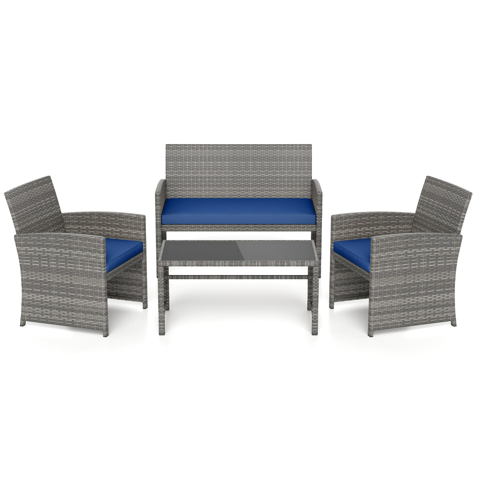 4 Piece Patio Conversation Set Rattan Chair Loveseat and Table Set-Navy