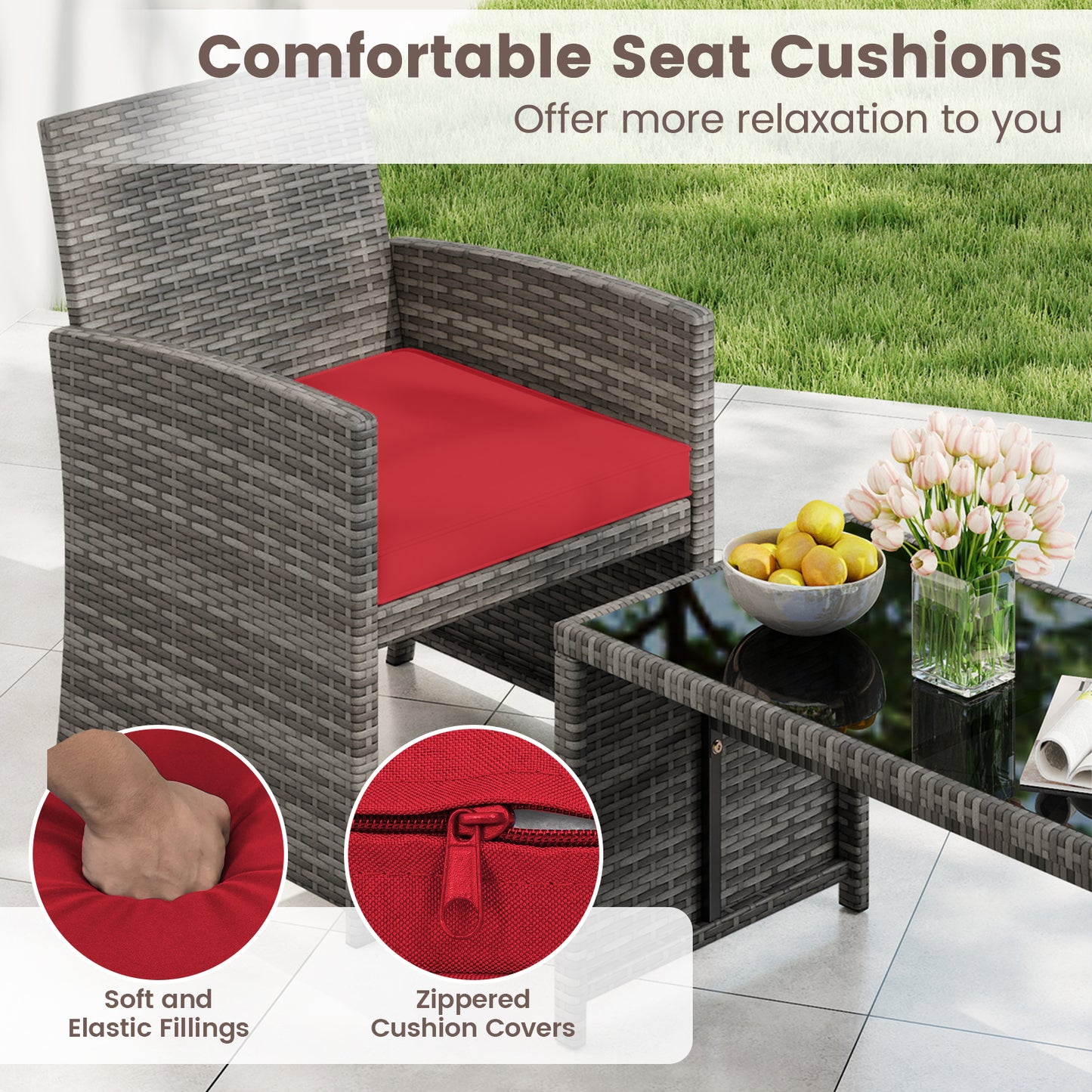 4 Piece Patio Conversation Set Rattan Chair Loveseat and Table Set-Red