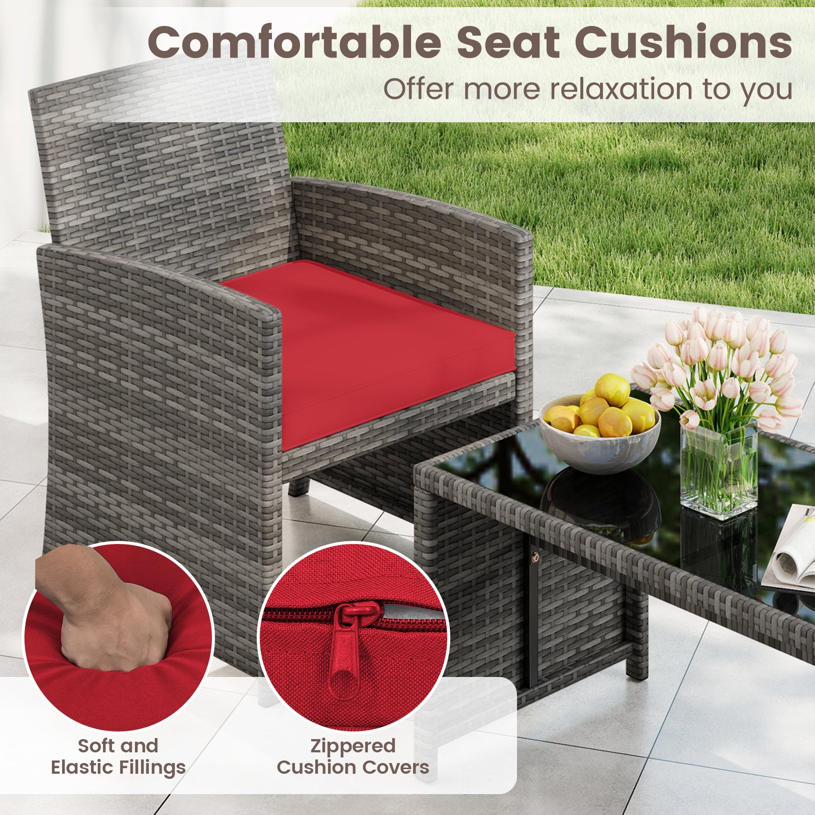 4 Piece Patio Conversation Set Rattan Chair Loveseat and Table Set-Red