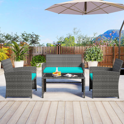 4 Piece Patio Conversation Set Rattan Chair Loveseat and Table Set-Turquoise
