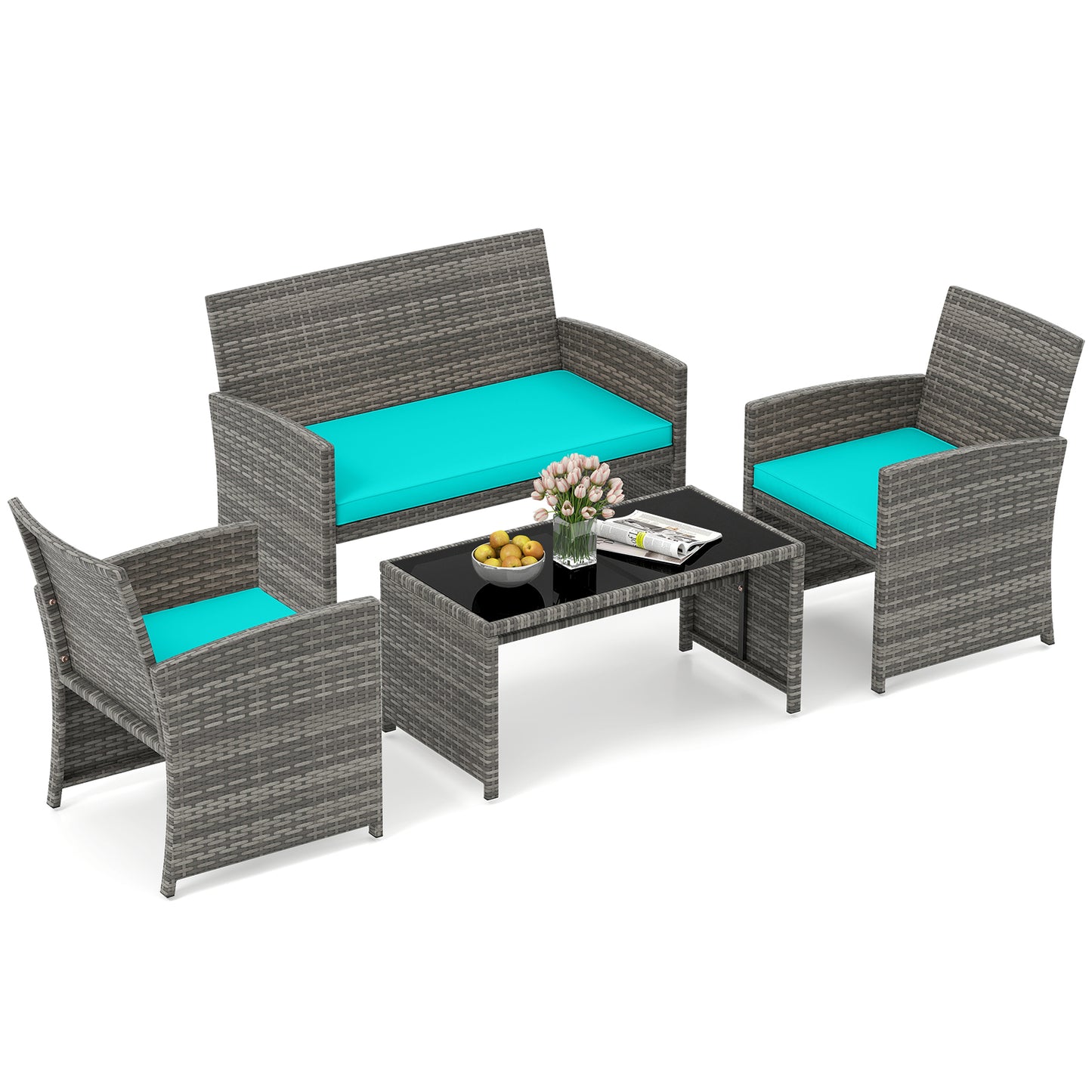 4 Piece Patio Conversation Set Rattan Chair Loveseat and Table Set-Turquoise