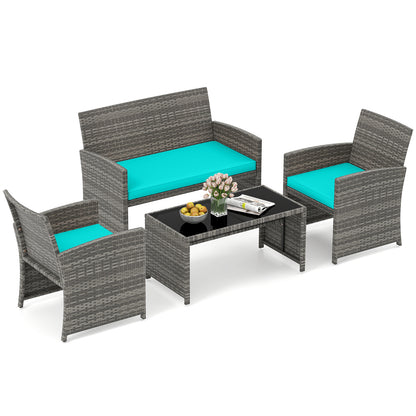 4 Piece Patio Conversation Set Rattan Chair Loveseat and Table Set-Turquoise