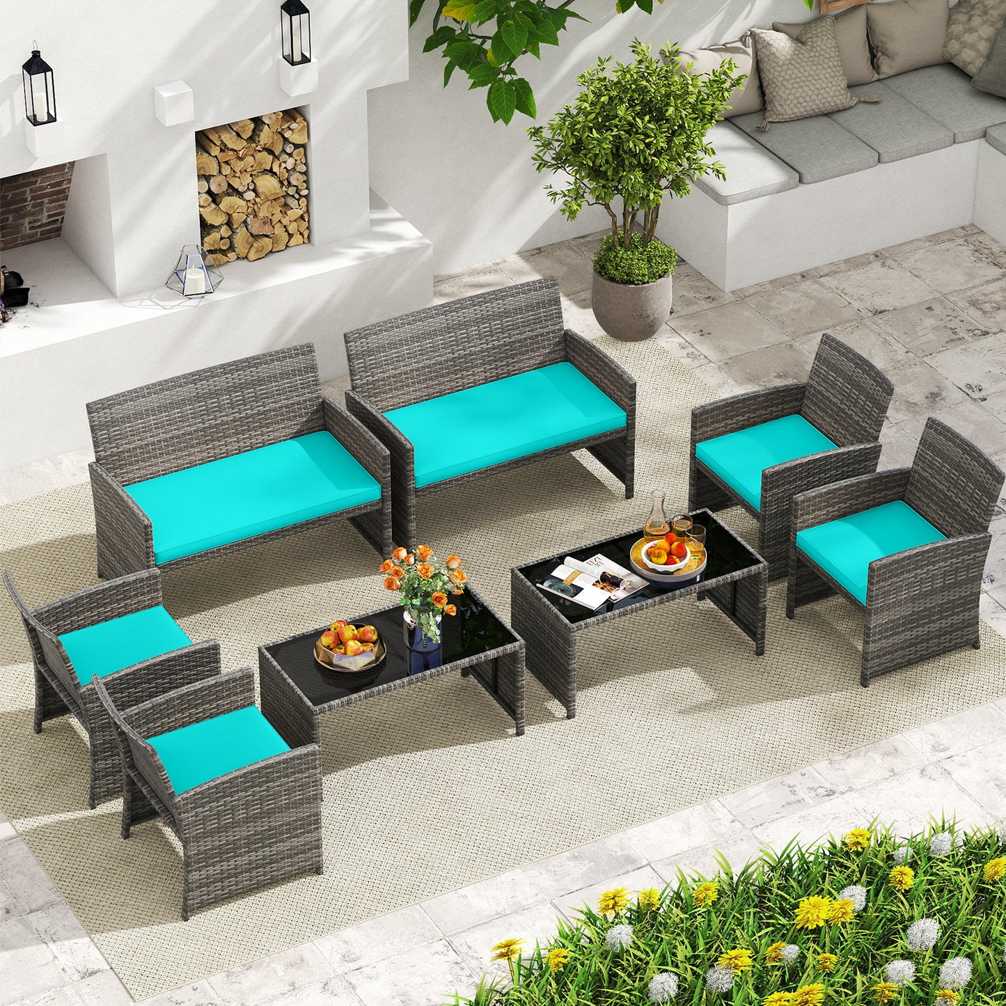 4 Piece Patio Conversation Set Rattan Chair Loveseat and Table Set-Turquoise