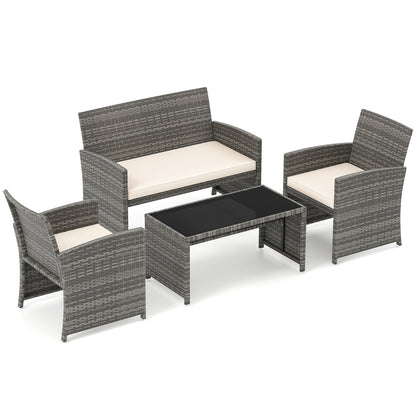 4 Piece Patio Conversation Set Rattan Chair Loveseat and Table Set-Off White