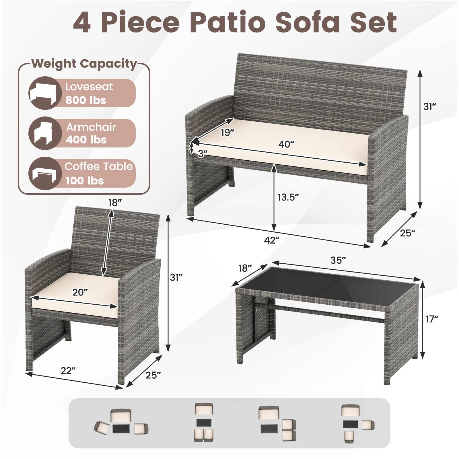 4 Piece Patio Conversation Set Rattan Chair Loveseat and Table Set-Off White