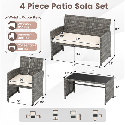 4 Piece Patio Conversation Set Rattan Chair Loveseat and Table Set-Off White