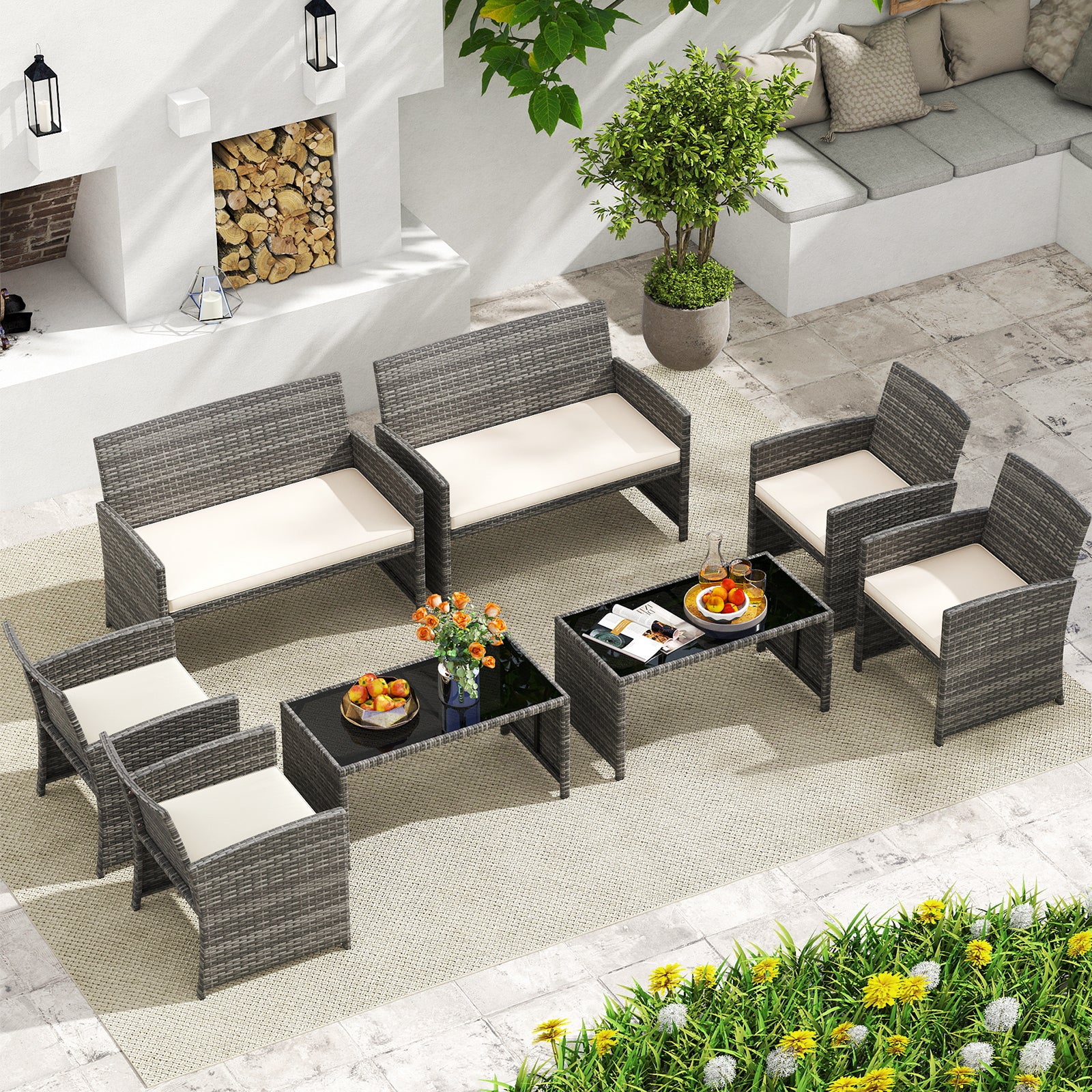4 Piece Patio Conversation Set Rattan Chair Loveseat and Table Set-Off White