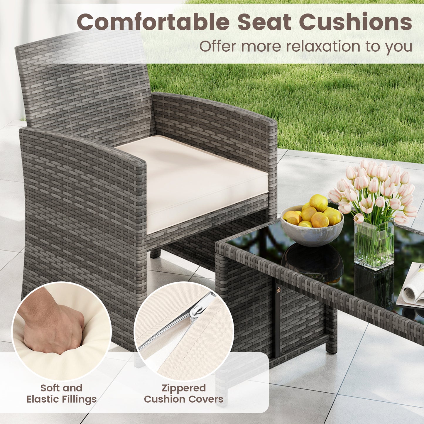 4 Piece Patio Conversation Set Rattan Chair Loveseat and Table Set-Off White