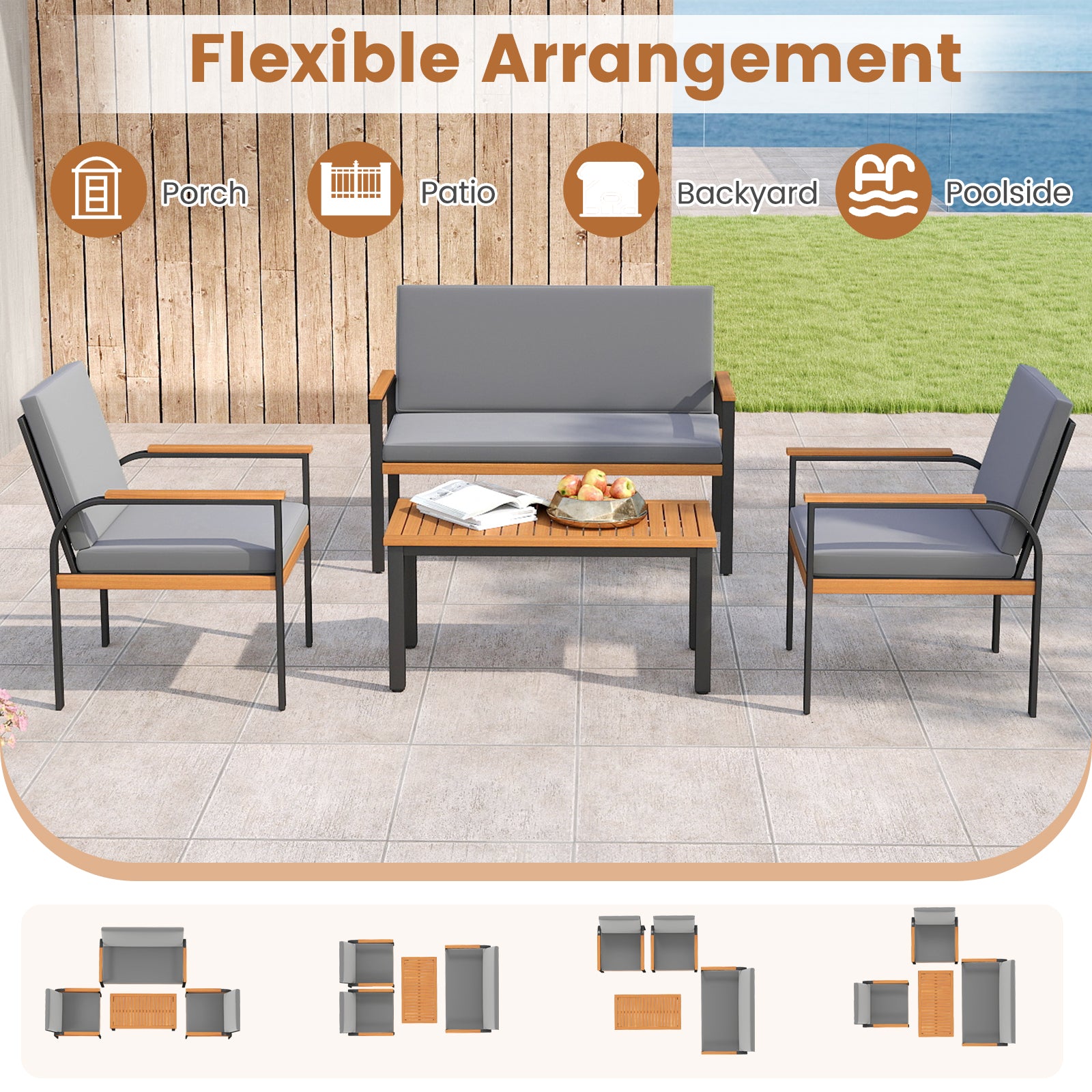 4 Piece Patio Furniture Set with Coffee Table and Loveseat with Removable Cushions-Gray