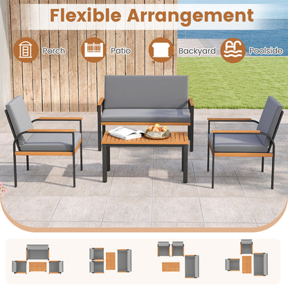 4 Piece Patio Furniture Set with Coffee Table and Loveseat with Removable Cushions-Gray