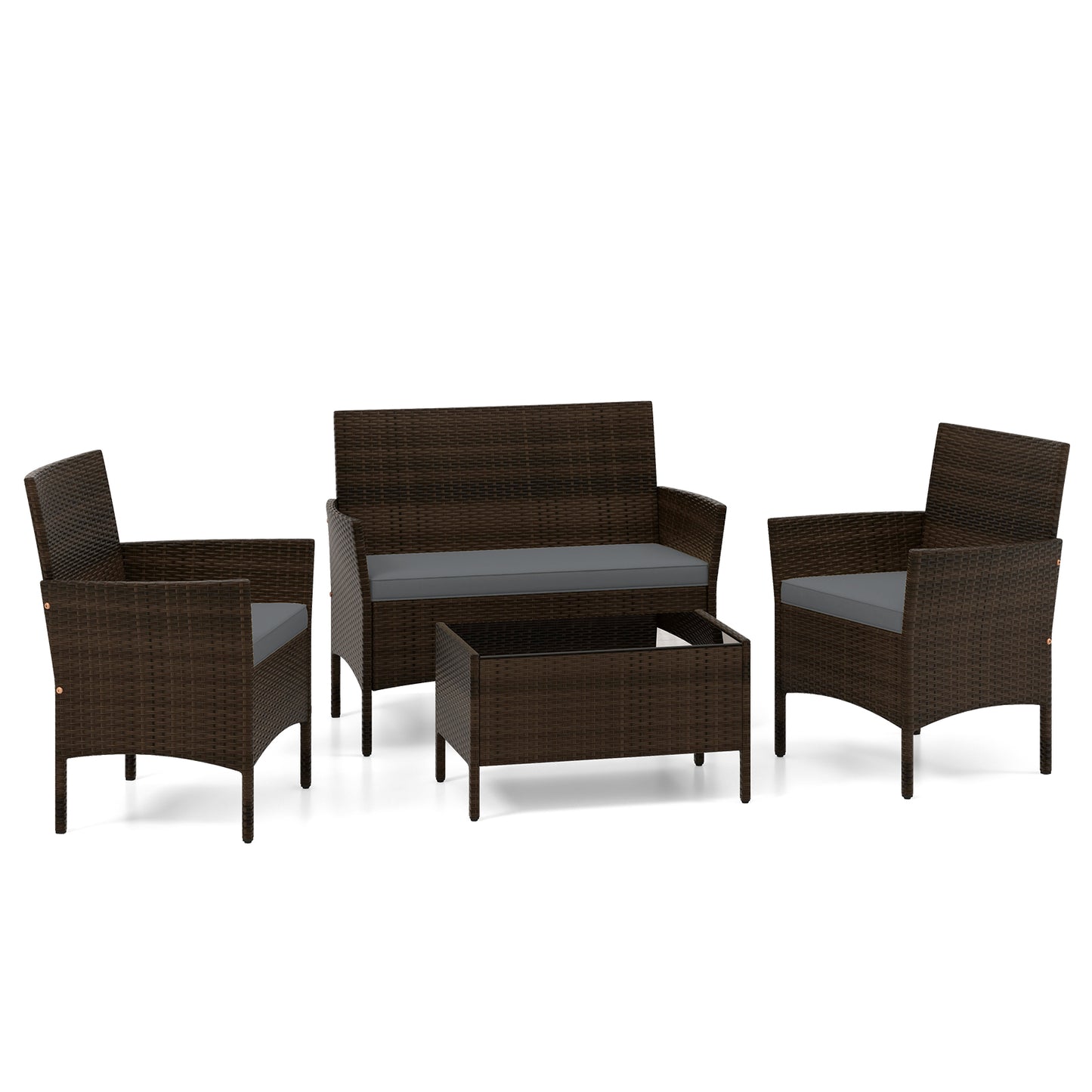 4 Piece Patio Rattan Conversation Set with Cozy Seat Cushions-Navy - Gray
