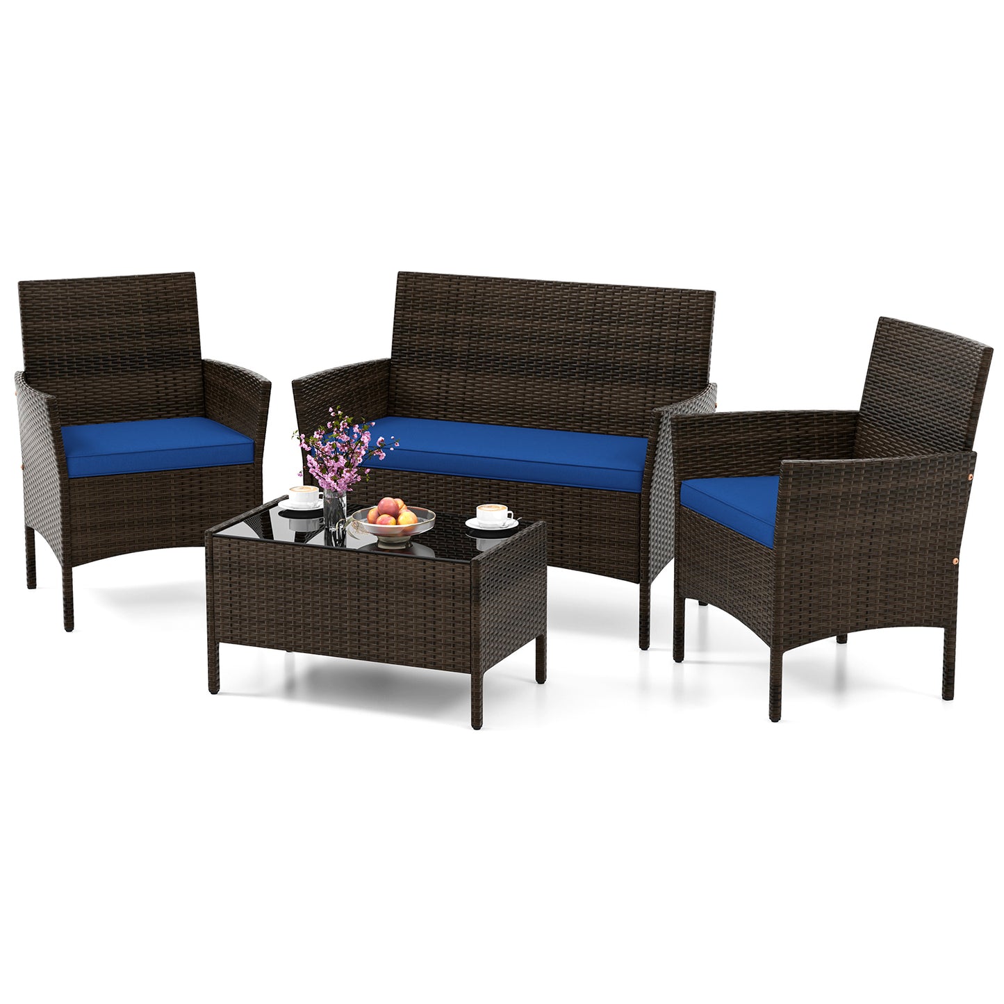 4 Piece Patio Rattan Conversation Set with Cozy Seat Cushions-Navy - Navy